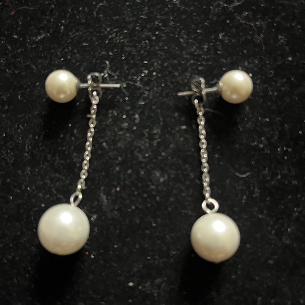Tini Lux Silver and White Pearl Drop Earrings - Picture 2 of 16